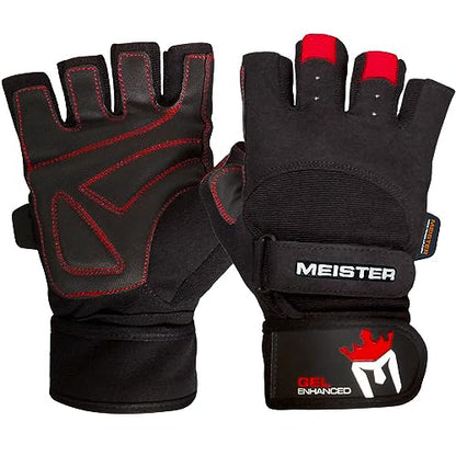 Meister Wrist Wrap Weight Lifting Gloves w/Gel Padding - color: Black / Red, size: Medium