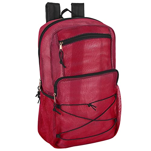 Deluxe See Through Mesh Backpack with Bungee Cord & Adjustable Padded Straps for Swimming, Travel (Red) - color: Red