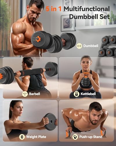 FEIERDUN DS2 Adjustable Dumbbells, 20/30/40/45/70/90lbs Free Weight Set with Connector, 5 in1 Dumbbells Set Used as Barbell, Kettlebells, Push up Stand, Weight Plate, Fitness Exercises for Home Gym Suitable Men/Women - style: D.44LB(22LB Pair)
