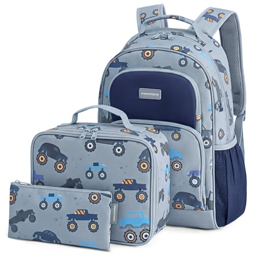 mommore Kids Backpack for Boys Girls 4-8 Kindergarten Elementary School Backpack with Lunch Box - 15” H Fit Folder - color: Truck, style: 3 Pcs