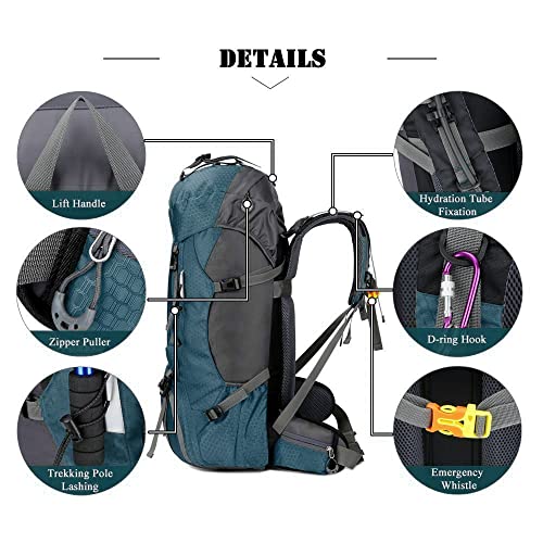 Bseash 60L Waterproof Hiking Camping Backpack with Rain Cover, Large Outdoor Sport Travel Daypack Rucksack for Climbing - color: Blue Green