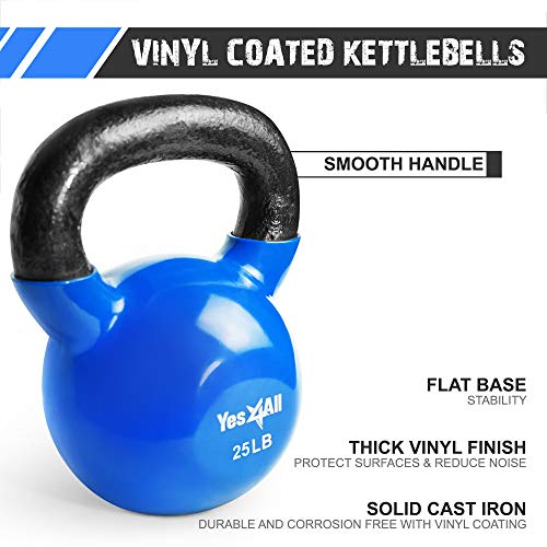 Yes4All Kettlebell, Vinyl Coated Kettlebell Cast Iron Sets with Stable Flat Bottom for Full Body Workout, Push up, Grip Strength Training & Weights Exercises - color: Blue, style: 10 - 25lb