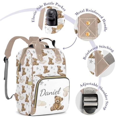 Bear Custom Name Diaper Bag Large Khaki and Brown Monogram Diaper Bag Nappy Backpack for Boys, Large Storage Adjustable Mom Bags Backpack (Bear) - color: Bear