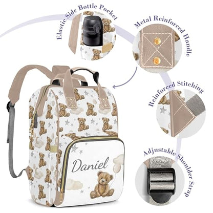 Bear Custom Name Diaper Bag Large Khaki and Brown Monogram Diaper Bag Nappy Backpack for Boys, Large Storage Adjustable Mom Bags Backpack (Bear) - color: Bear
