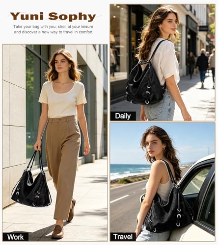3-Way Convertible Hobo Bag for Women, Soft Shoulder Backpack, Casual Daily Tote Purse with Adjustable Strap - color: Black