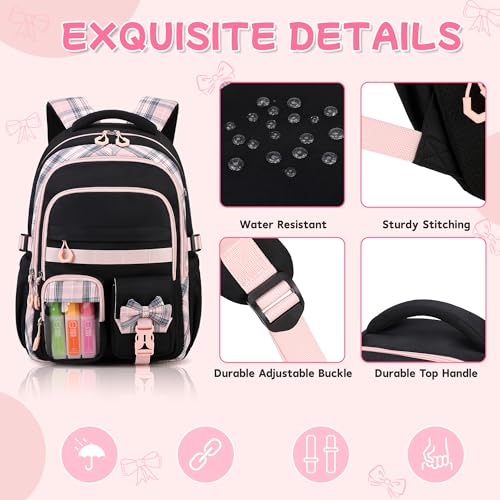 Girls Backpack, 17-Inch Bookbag for Middle & Elementary School, Kawaii Kids Backpack for Girls Ages 6-12(Black Pink) - color: Black Pink