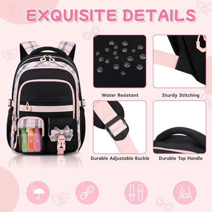 Girls Backpack, 17-Inch Bookbag for Middle & Elementary School, Kawaii Kids Backpack for Girls Ages 6-12(Black Pink) - color: Black Pink