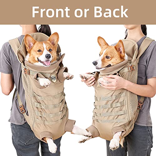 FLAdorepet Dog Carrier Tactical Backpack for Small Medium Dogs,Soft Hands-Free Legs Out Pet Front Cat Dog Carrier Backpack Travel Bag for Outdoor Traveling Hiking Camping (Large, Khaki) - size: Large(Pet 30-45LBS)