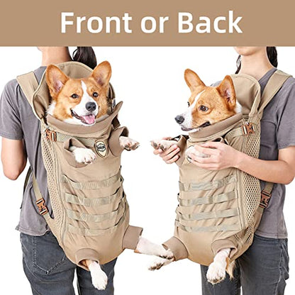 FLAdorepet Dog Carrier Tactical Backpack for Small Medium Dogs,Soft Hands-Free Legs Out Pet Front Cat Dog Carrier Backpack Travel Bag for Outdoor Traveling Hiking Camping (Large, Khaki) - size: Large(Pet 30-45LBS)