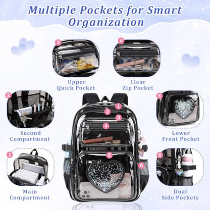 Clear Backpack for School Girls, Cute Heavy Duty PVC Transparent Bookbag, See-Through Bag for Stadium Event Semi-Black - color: Semi-black
