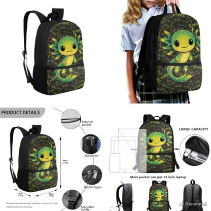 Math Axolotl Backpack for Kids Girls Backpack with Lunch Box Water Bottle Holder Pencil Case Pouch 4 in 1 Cute Backpacks for Girls Bookbag with Front Pocket Back to School Supplies - color: Axolotl Math