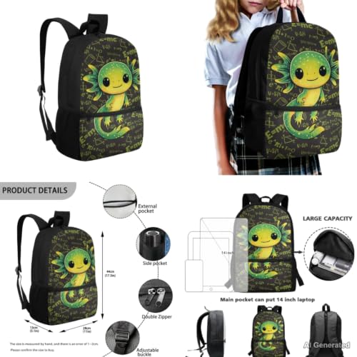 Math Axolotl Backpack for Kids Girls Backpack with Lunch Box Water Bottle Holder Pencil Case Pouch 4 in 1 Cute Backpacks for Girls Bookbag with Front Pocket Back to School Supplies - color: Axolotl Math