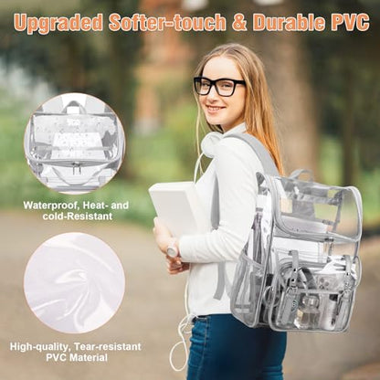 DIGOBAY Clear Backpack with Lunch Bag Set, Leather Clear Backpack Heavy Duty Thick PVC Bookbag Large See Through Transparent Backpacks with Support Pad for College Travel Workplace Security Gray - color: Grey