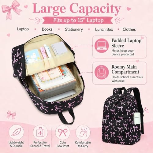 LOIDOU Backpack for Teen Girls Bookbags School Backpack with Lunch Box and Pencil Case 3 in 1 School Bags Set - color: Black Bow-Tie