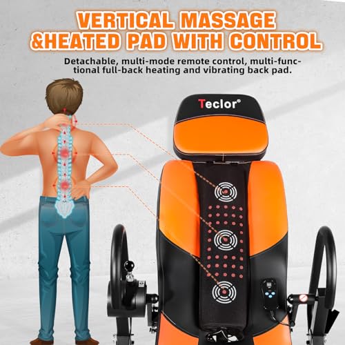 Teclor Inversion Table,Advanced Heat and Massage Function,Strength Training Inversion Table for Back Pain Relief,Heavy Duty Inversion Table 350 lbs Capacity with Wider and Thickened Backrest - color: Orange/Black