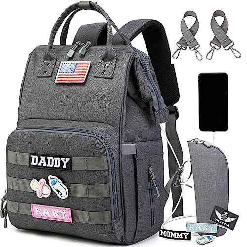 Diaper Bag Backpack for Dad and Mom with USB Charging Port Stroller Straps and Insulated Pocket,army military Travel Nappy Backpack (Dark Grey) - color: Black-grey