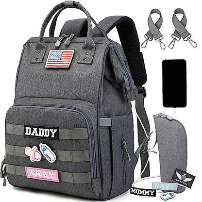 Diaper Bag Backpack for Dad and Mom with USB Charging Port Stroller Straps and Insulated Pocket,army military Travel Nappy Backpack (Dark Grey) - color: Black-grey