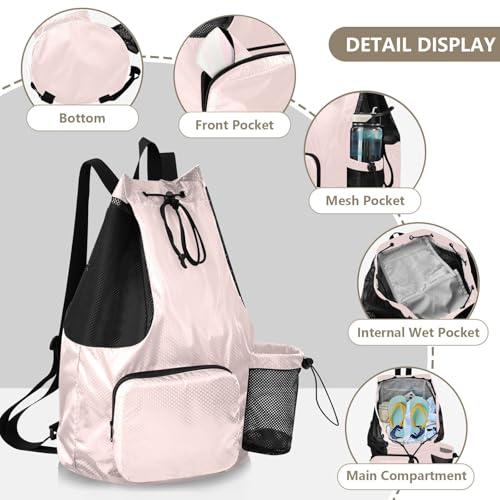 Drawstring Gym Sackpack With Pockets Drawstring Bags with Wet Dry Compartments Misty Rose Solid Color