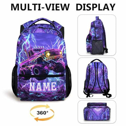 Boys Backpack Truck Backpacks Personalized Name for Kids Toddler, Large Capacity Bookbag for School Travel Outdoor - color: Purple