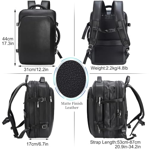 Masa Kawa Leather 15.6 Inch Laptop Backpack for Men Expandable 36L Business Travel Rucksack Daypack Weekender Bag - color: Black