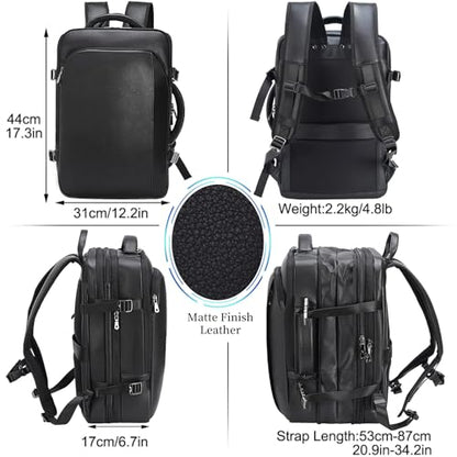 Masa Kawa Leather 15.6 Inch Laptop Backpack for Men Expandable 36L Business Travel Rucksack Daypack Weekender Bag - color: Black