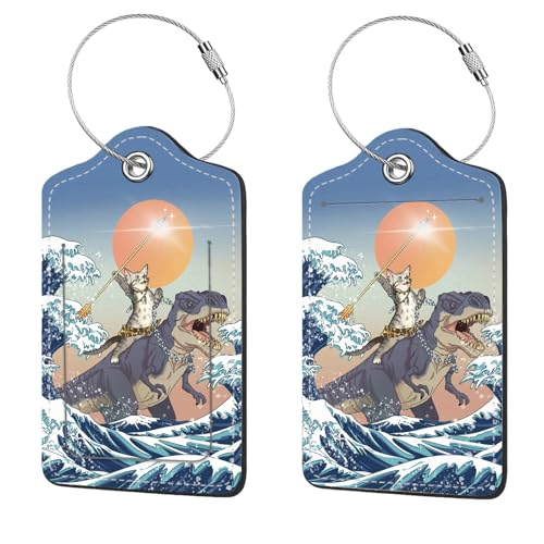 2 Pcs Luggage Tags for Suitcase, Cute Unique PU Leather Travel Bag Tag with Privacy Cover ID Label Address Card and Durable Metal Ring Suitable for Men Women Children Backpack,Cat Riding Dinosaur - color: Cat Riding Dinosaur