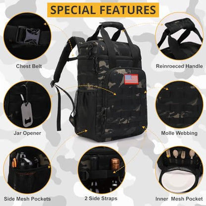 Tactical Backpack Cooler,Lunch Backpack for Men Adults Work with Handle，Soft Cooler Backpack Insulated Waterproof Leak Proof - color: Black Camo