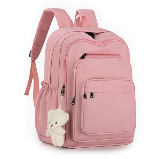 JARKJARD Cute School Backpack for Kids Teen Girls Aesthetic Lightweight Large Capacity Bookbag College Students School Bag Casual Travel Solid Color Daypack（Pink） - color: Pink