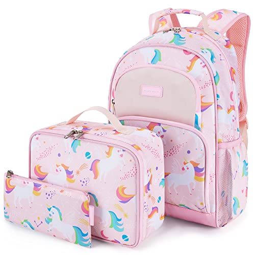 mommore Kids Backpack for Boys Girls 4-8 Kindergarten Elementary School Backpack with Lunch Box - 15” H Fit Folder - color: A-unicorn, style: 3 Pcs