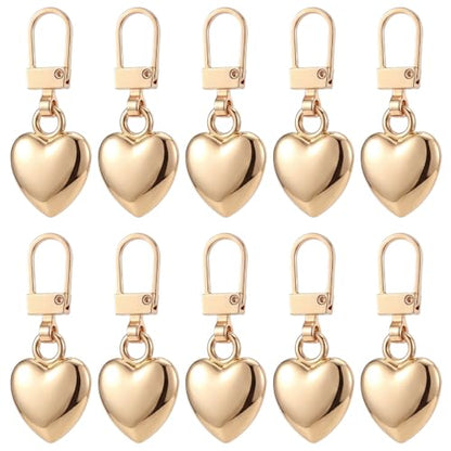 10 Pcs Heart Shaped Zipper Pull Replacement Gold Heart Zipper Pull Charm Metal Backpack Zippers Mend Fixer Repair Padlock Bag Charms for Women Handbag Purse Gift Coats Jackets Pants Luggage Fasteners
