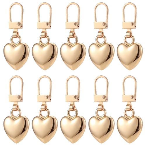 10 Pcs Heart Shaped Zipper Pull Replacement Gold Heart Zipper Pull Charm Metal Backpack Zippers Mend Fixer Repair Padlock Bag Charms for Women Handbag Purse Gift Coats Jackets Pants Luggage Fasteners