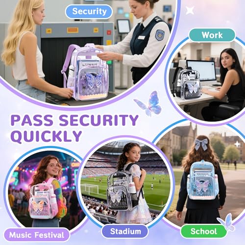 MUSEVOS Clear Backpack for School, Clear Bookbag for Girls PVC Heavy Duty Transparent Backpack, Purple Butterfly - color: Purple