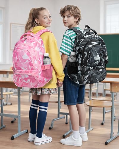 BLUEFAIRY Kids School Backpack for Boys Girls Ages 6-8 8-10 10-12 Elementary Middle School Book Bags with Laptop Compartment Mochilas Escolares para Niños Niñas de 8 10 12 Años (Black, Geometric) - color: Black