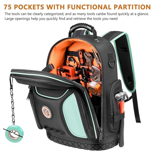 Tool Backpack Bag, Durable Electrician Backpack Tool Bag for HVAC with Waterproof Molded Base, Construction Work Heavy Duty Tools Organizer Bags with Combination Lock Large - Red - color: Red