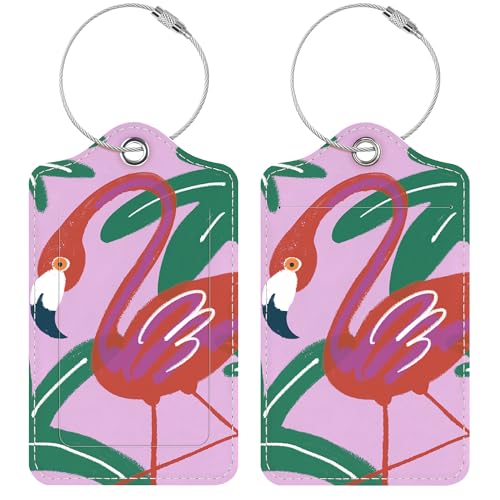Luggage Tags for Suitcases, 2 Pack Cute PU Leather Luggage Tag TSA Approved with Stainless Steel Loop and Address Card Baggage Tag for Travel&Cruise Ships&Shipping Flamingos, by Chelmon - color: Flamingos