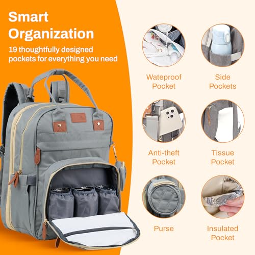 Diaper Bag Backpack with Changing Station – Large Baby Diaper Bag with 19 Pockets, USB Port, Waterproof, Insulated Bottle Holders, Stroller Straps – Travel Maternity Bag – Grey - color: Grey