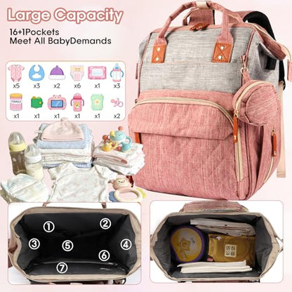 MosaiRudo Diaper Bag Backpack Baby Bag,Waterproof, Travel Diaper Bags with Pacifier Case for Baby Girl Boy Backpack for Women (Pink-Gray) - color: Pink-gray