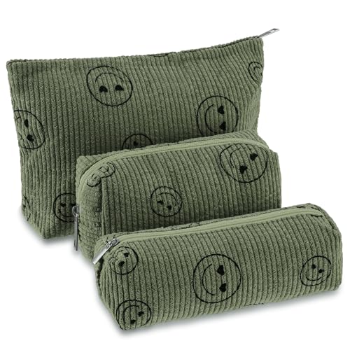 Huhumy 3 Pcs Makeup Bag Set for Women Corduroy Cosmetic Pouch Aesthetic Smile Travel Toiletry Bag Cute Purse Pouch Pencil Case Makeup Brushes Storage Organizer with Zipper(Army Green,Smile Face) - color: Army Green, style: Smile Face