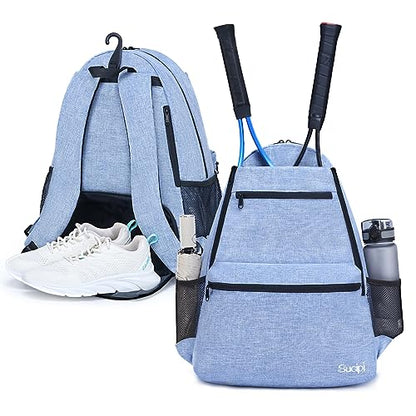 Sucipi Tennis Bag Professional Tennis Backpack for Men and Women Racket Bags Holds 2 Rackets with Ventilated Shoe Compartment - color: Blue with Shoes Compartment