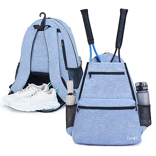 Sucipi Tennis Bag Professional Tennis Backpack for Men and Women Racket Bags Holds 2 Rackets with Ventilated Shoe Compartment - color: Blue with Shoes Compartment