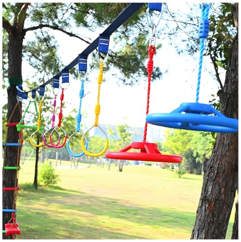 Multi-Color Ninja Rings & Monkey Bars - Adjustable Backyard Obstacle Course for Kids & Adults, Heavy-Duty Gymnastic Swing Rings, Ninjaline Slackline Training Kit (Black) - color: Black