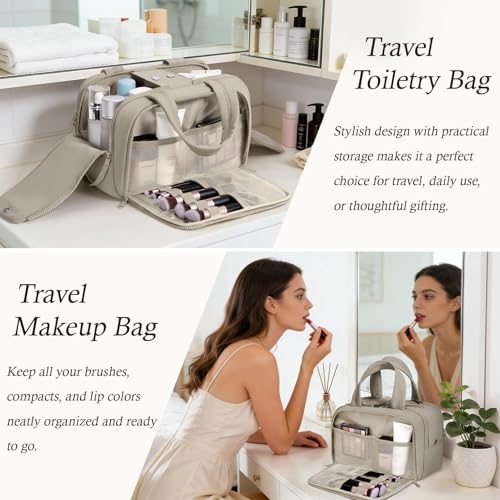 Travel Toiletry Bag, Large Wide-open Puffy Makeup Bag for Women Oatmeal - color: Oatmeal