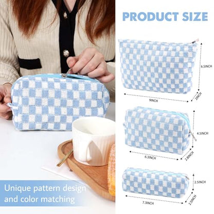 3 Pcs Makeup Bag Cosmetic Bag Set for Girls Women Checkered Travel Organizer Bathroom Toiletry Pouch Large Capacity Storage Bag (Blue-White) - color: Blue-White