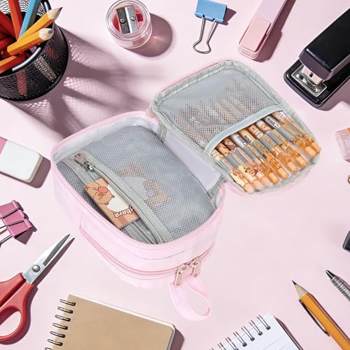 Large Capacity Kids Backpack Pencil Case Pen Bag with Clear Pocket, Cute Kawaii Pen Pouch Organizer with Adjustable Strap & Plush Doll Keychain for School Girls Boys (Pink) - color: Pink