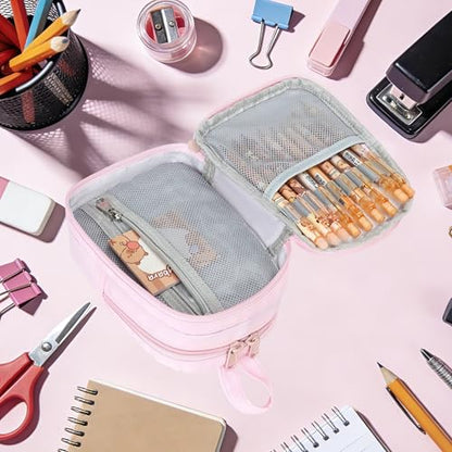 Large Capacity Kids Backpack Pencil Case Pen Bag with Clear Pocket, Cute Kawaii Pen Pouch Organizer with Adjustable Strap & Plush Doll Keychain for School Girls Boys (Pink) - color: Pink