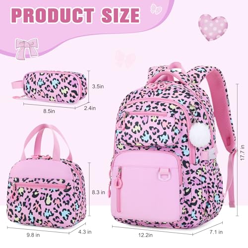 Bevalsa Backpack for Girls 3PCS Teen Girls Pink Backpack for School with Lunch Bag Pencil Case Cute Kids Laptop Backpacks Bookbag for Elementary Middle High School College Student (Leopard) - color: Pink Leopard