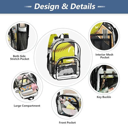 Yellow Softball Baseball Clear Backpack PVC Transparent School Backpack Lightweight Student Book Bags Capacity Clear Bag - color: Viameter Yellow