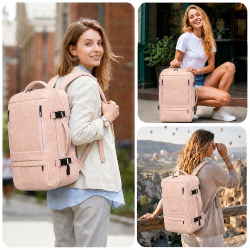 Travel Backpack for Women, PU Leather Carry On Backpack Flight Approved with Laptop Compartment, 40L Expandable Personal Item Travel Bag for Traveling Weekender Business (Pink) - color: Pink