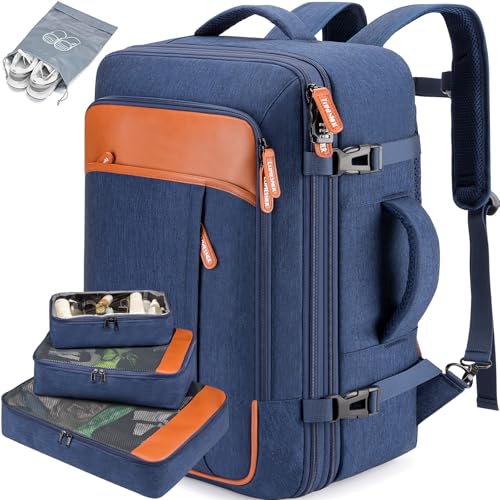 Lumesner Carry on Travel Backpacks, Extra Large 40L Flight Approved Bag for Men & Women,Expandable Suitcase Backpack With 4 Packing Cubes,Water Resistant Luggage Daypack Business Weekender Bag, Blue - color: Blue