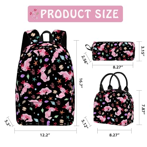 Axolotl Cute 3PCS Backpack Set for Teens Elementary Middle High School, 17 Inch Lightweight Classic Bookpack 3 in 1 Set for Girls Boys, Kids Back to School Backpack with Lunch Box Pencil Case - color: Axolotl